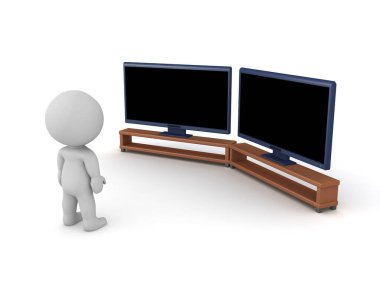 3 Boyutlu Karakter İki Televizyon İzliyor. Beyaz arkaplanda izole.