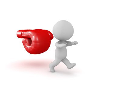 3 boyutlu karakter boks eldiveni tarafından kovalanır. 3B görüntüleme beyaz üzerine izole edildi