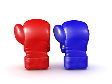 3 boyutlu kırmızı ve mavi boks eldivenleri. 3B görüntüleme beyaz üzerine izole edildi