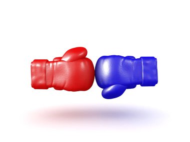 Üç boyutlu kırmızı ve mavi boks eldivenlerinin birbirine çarpması. 3B görüntüleme beyaz üzerine izole edildi