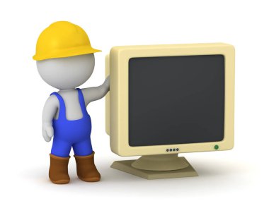 Eski Bilgisayarlı İşçi Karakteri. Beyaz arkaplanda izole.