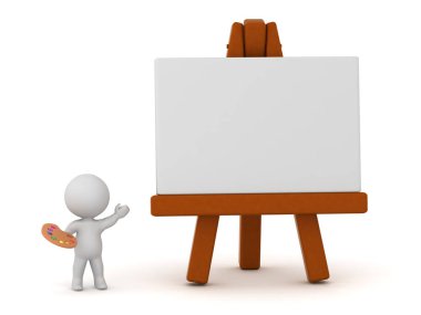 Büyük Easel ve Suluboyalı 3D Sanatçı Karakteri. Beyaz arkaplanda izole.