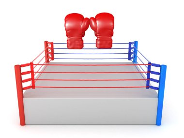 Üç boyutlu bir yüzük ve iki büyük boks eldiveni. 3B görüntüleme beyaz üzerine izole edildi