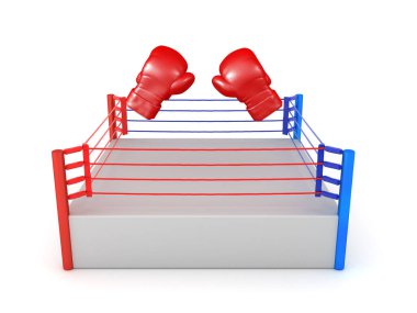 Ringin üzerine eğilmiş iki boks eldiveninin 3 boyutlu görüntüsü. 3B görüntüleme beyaz üzerine izole edildi