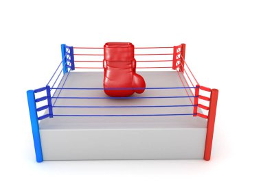Üç boyutlu boks eldiveni bir ringe çarpıyor. 3B görüntüleme beyaz üzerine izole edildi
