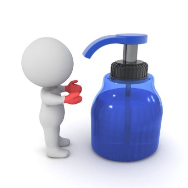 Kırmızılı 3 boyutlu karakter ve bir dezenfektan şişesi. Beyaz arkaplanda izole.