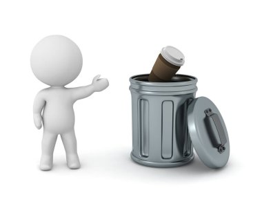 3 Boyutlu Karakter, Çöpe Kahve Fincanı Fırlatıyor. Beyaz arkaplanda izole.