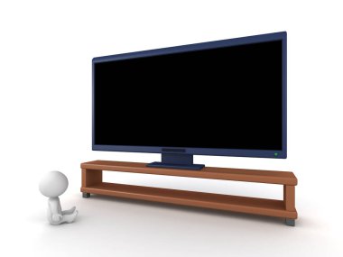 3D Karakter, Devasa TV İzliyor. Beyaz arkaplanda izole.