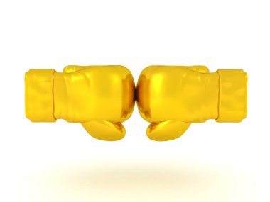 Üç boyutlu iki altın boks eldiveninin birbirine çarpması. 3B görüntüleme beyaz üzerine izole edildi