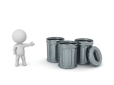 Çöp tenekeli 3 boyutlu karakter. Beyaz arkaplanda izole.