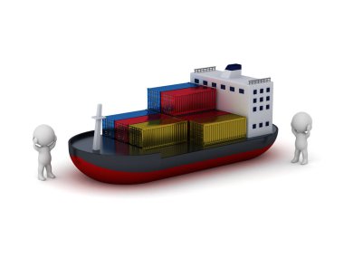 Bir kargo gemisiyle 3 boyutlu karakterler. Beyaz arkaplanda izole.