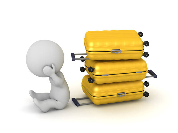 Расстроенный 3D персонаж с дорожными тележками. Изолированный на белом фоне.