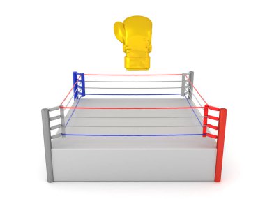 Yüzüğün üzerinde 3 boyutlu altın boks eldiveni. 3B görüntüleme beyaz üzerine izole edildi