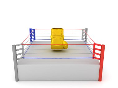 Üç boyutlu altın boks eldiveni bir ringe doğru. 3B görüntüleme beyaz üzerine izole edildi