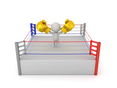 Ringde altın boks eldivenli muzaffer 3D karakter. 3B görüntüleme beyaz üzerine izole edildi