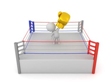 Ringde büyük altın bir boks eldiveni olan üç boyutlu bir karakter. 3B görüntüleme beyaz üzerine izole edildi