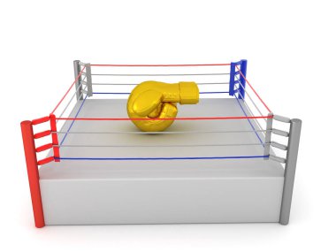 Ringde üç boyutlu altın boks eldiveni. 3B görüntüleme beyaz üzerine izole edildi