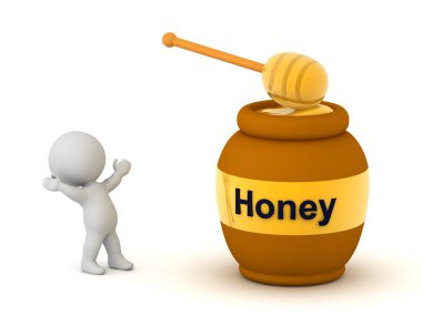 Bal kavanozlu mutlu 3D karakterler. Beyaz arkaplanda izole.