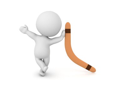 Bumerangın üzerine yaslanan 3 boyutlu karakter. 3B görüntüleme beyaz üzerine izole edildi