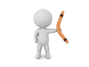 Bumerang tutan 3 boyutlu karakter. 3B görüntüleme beyaz üzerine izole edildi