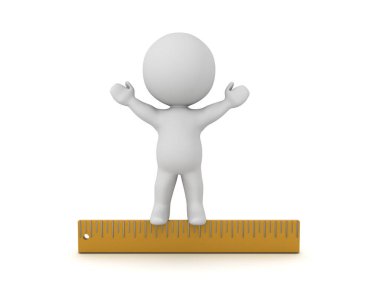 Mutlu 3D Karakter cetvelin üstünde duruyor. 3B görüntüleme beyaz üzerine izole edildi