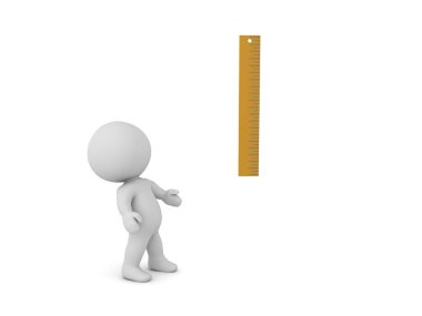 3D karakter cetvele bakıyor. 3B görüntüleme beyaz üzerine izole edildi