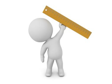 3D Karakter bir cetvel tutuyor. 3B görüntüleme beyaz üzerine izole edildi