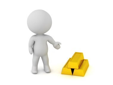 Küçük altın külçeli üç boyutlu karakter. Beyaz arkaplanda izole.