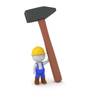 Büyük Çekiçli Küçük 3D İşçi Karakteri. Beyaz arkaplanda izole.