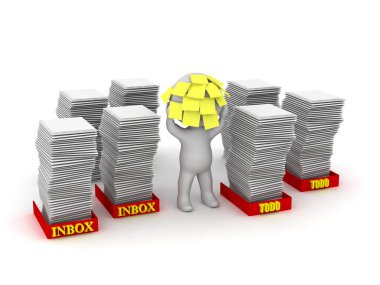 Çok Yapışkan Kağıt ve Notları Olan Stresli 3D Karakter. Beyaz arkaplanda izole.