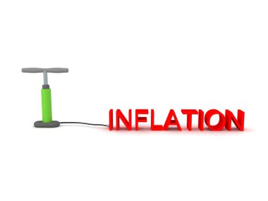 Enflasyon metnini şişiren bisiklet pompasının 3 boyutlu görüntüsü. 3B görüntüleme beyaz üzerine izole edildi