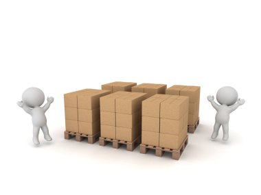 Paletleri olan mutlu 3 boyutlu karakterler. Beyaz arkaplanda izole.