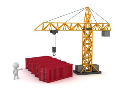 Üç boyutlu karakterler ve bir sürü konteynır. Beyaz arkaplanda izole.