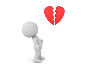 Üç boyutlu karakter kırık bir kalbe bakıyor. 3B görüntüleme beyaz üzerine izole edildi