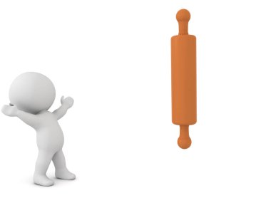 Heyecanlı bir 3D karakter merdaneye bakıyor. 3B görüntüleme beyaz üzerine izole edildi