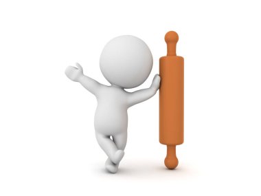 3D karakter merdaneye dayanıyor. 3B görüntüleme beyaz üzerine izole edildi