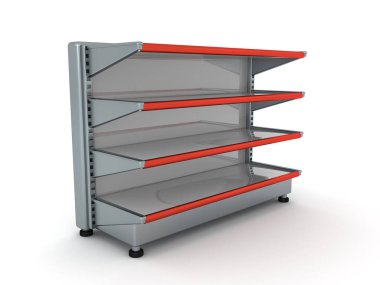 Boş süpermarket raflarının 3D görüntülenmesi. 3B görüntüleme beyaz üzerine izole edildi