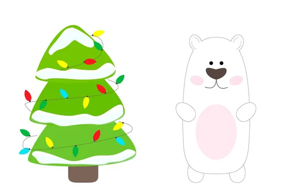 Christmas Simple Vector Green Christmasr Tree Snow Garland White Bear — Stock Vector