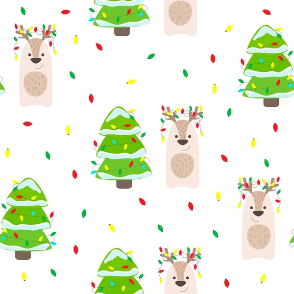 Noel Deseni Karlı Çelenkli Noel Geyikli Yeşil Noel Ağacı — Stok Vektör