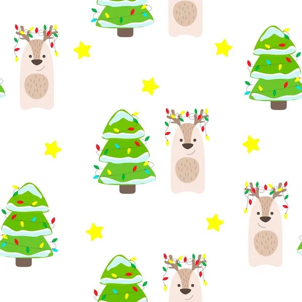 Noel Deseni Kar Yıldızlar Çelenkler Noel Geyikleriyle Yeşil Noel Ağacı — Stok Vektör