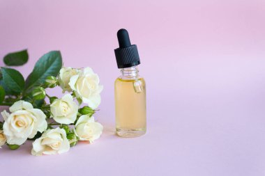 Glass dropper bottle. Cosmetic spa care. Tea rose essential oil. branch of white flowers.