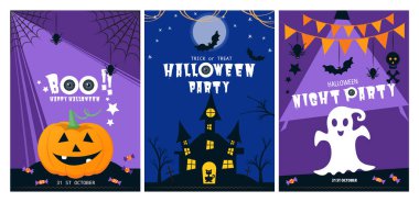 Komik balkabaklı Cadılar Bayramı Partisi posteri. Kart koleksiyonu. Hepsi katmanlı ve gruplanmış. Vektör.