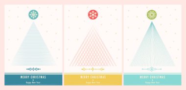 Basit geometrik Noel ağacı içeren bir dizi Noel kartı dizaynı. Hepsi grup halinde ve ayrı katmanlarda. Vektör.