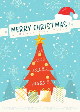Noel ağacı ve Noel şapkalı Noel kartı tasarımı. Hepsi ayrı katmanlarda. Vektör.