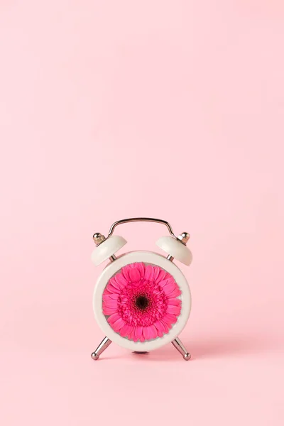 Small Vintage Alarm Clock Has Flower Instead Numbers Spring Season Royaltyfria Stockfoton