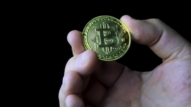 Male Hand Holding Crypto Currency Coin Black Background Nice Copy — Video Stock