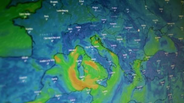 Sydeuropa Vindar Och Temperaturkarta Kamerabilder Datorskärm — Stockvideo