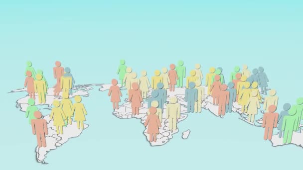 世界地图3D人口 人们拥堵在漂亮的复制空间里木棍形象的动画 人们男人在世界地图上站起来 人口过剩的图形描绘 简单的简约主义 — 图库视频影像