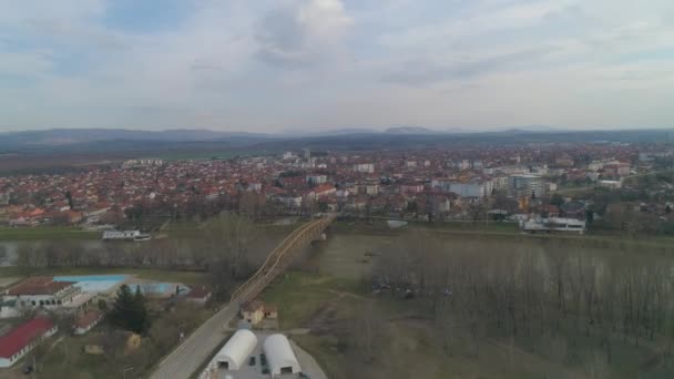 Steel Traffic Bridge River Europe Town Aerial Drone Shot Drone — Stock Video