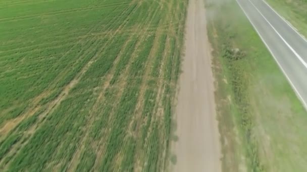Poussière Route Asphalte Machines Agricoles Tracteur Moissonneuse Poussière Drone Aérien — Video